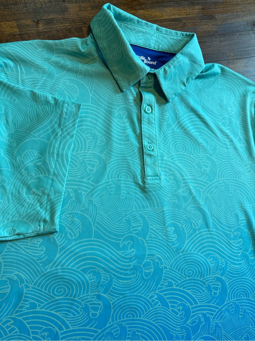 Bad Birdie Shirt Mens Large Ombré Blue Waves AOP Golf Polo Performance Stretch